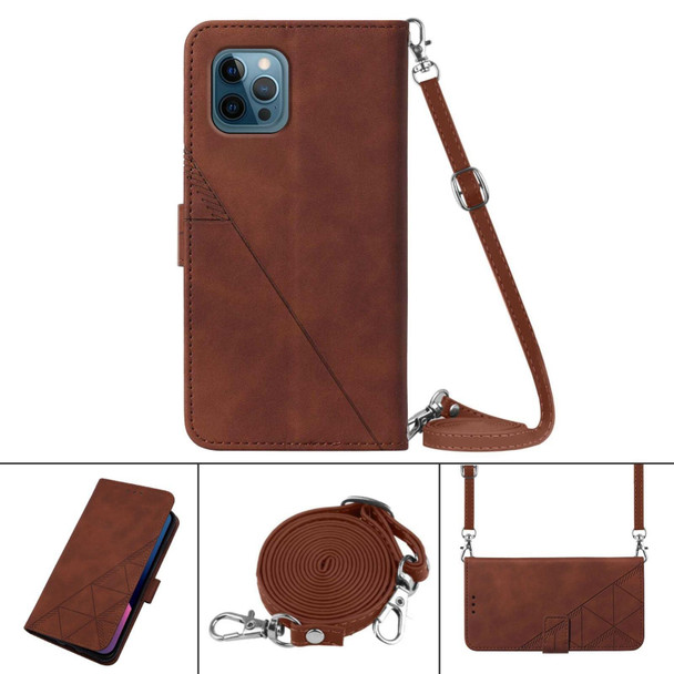 Crossbody 3D Embossed Flip Leatherette Phone Case - iPhone 12 Pro(Brown)