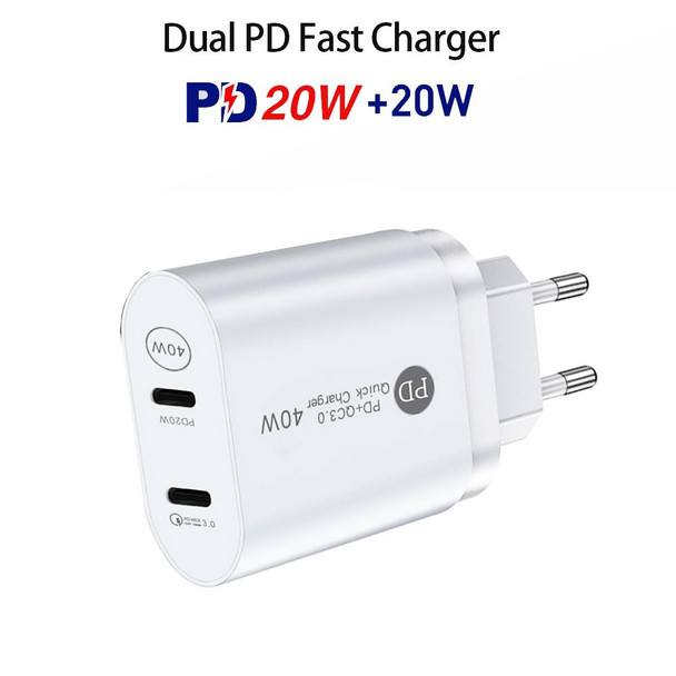 002 40W Dual Port PD / Type-C Fast Charger with USB-C to 8 Pin Data Cable, EU Plug(White)