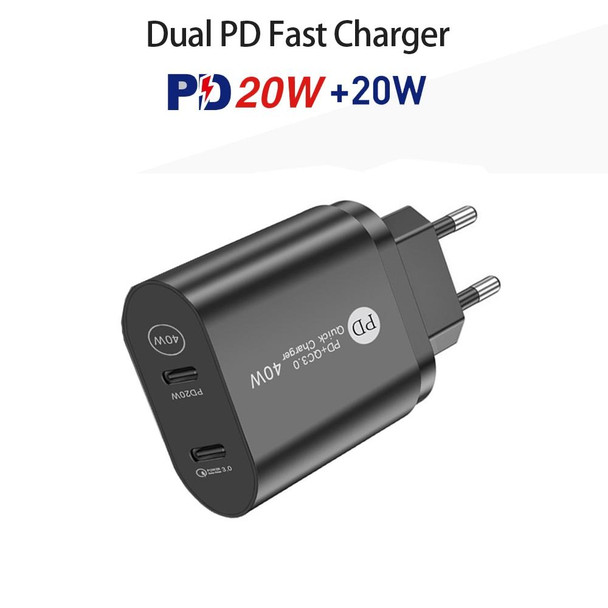 002 40W Dual Port PD USB-C / Type-C Fast Charger for iPhone / iPad Series, EU Plug(Black)