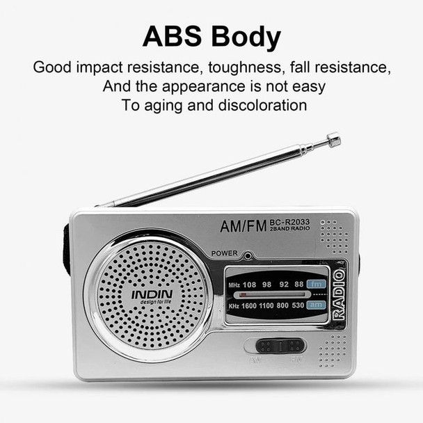 BC-R2033  AM FM Radio Telescopic Antenna Full Band Portable Radio Receiver(Silver Gray)