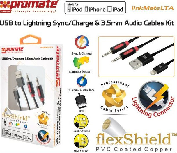 Promate Linkmate.Lta Usb To Lightning Sync/Charge & 3.5Mm Audio Cables Kit