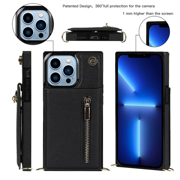 Cross-body Zipper Square Phone Case with Holder - iPhone 13 Pro(Black)