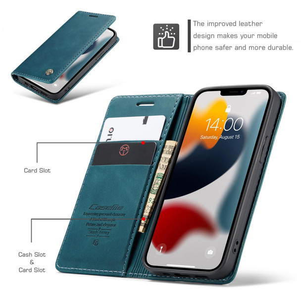 CaseMe-013 Multifunctional Retro Frosted Horizontal Flip Leatherette Case with Card Slot & Holder & Wallet - iPhone 13(Blue)