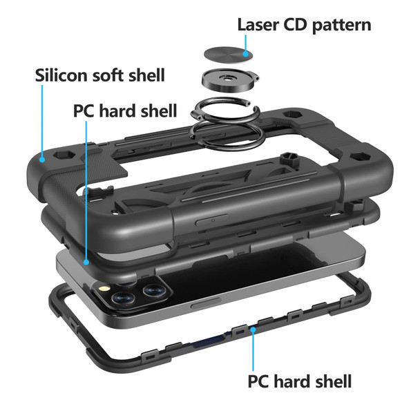 Shockproof Silicone + PC Protective Case with Dual-Ring Holder - iPhone 12 / 12 Pro(Black)