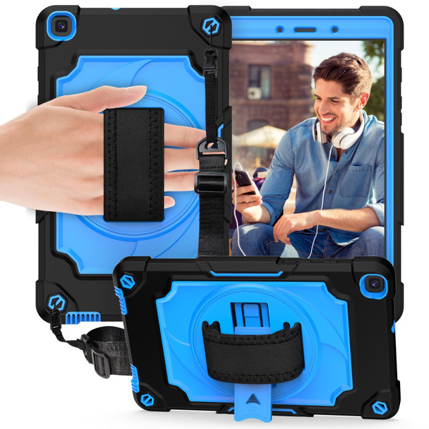 Samsung Tab A 8.0 (2019)/T290 360 Degree Rotation Turntable Contrast Color Robot Shockproof Silicone + PC Protective Case with Holder(Black + Blue)