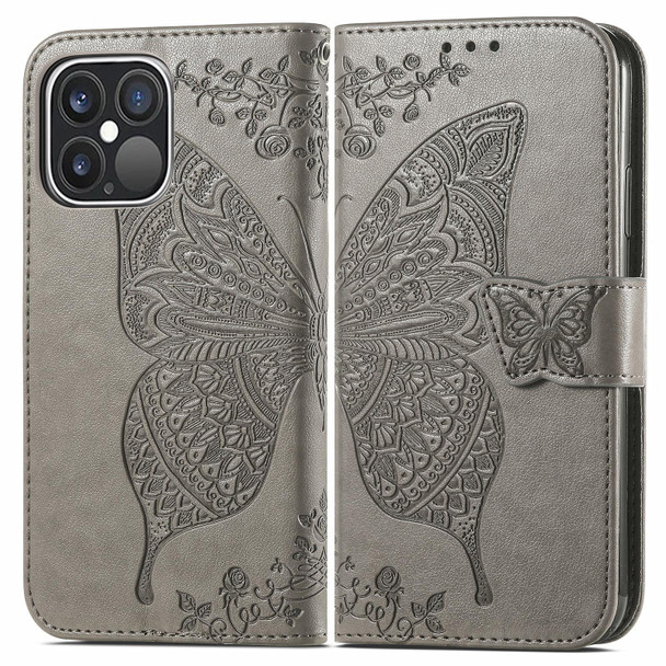 Butterfly Love Flower Embossed Horizontal Flip Leatherette Case with Bracket / Card Slot / Wallet / Lanyard - iPhone 13 Pro Max(Grey)