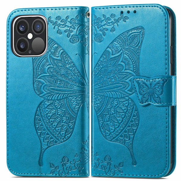 Butterfly Love Flower Embossed Horizontal Flip Leatherette Case with Bracket / Card Slot / Wallet / Lanyard - iPhone 13 Pro(Blue)