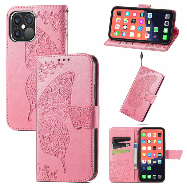 Butterfly Love Flower Embossed Horizontal Flip Leatherette Case with Bracket / Card Slot / Wallet / Lanyard - iPhone 13 Pro Max(Pink)