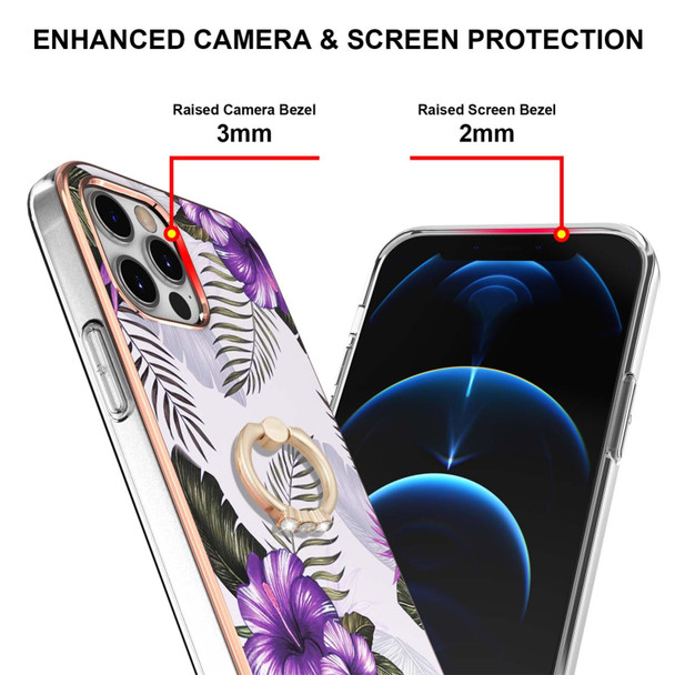 Electroplating Pattern IMD TPU Shockproof Case with Rhinestone Ring Holder - iPhone 12 Pro Max(Purple Flower)