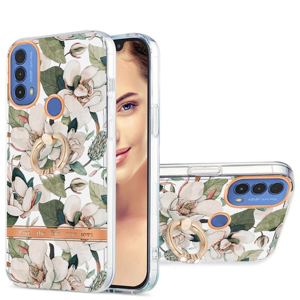 Motorola Moto E20 / E30 / E40 Ring IMD Flowers TPU Phone Case(Green Gardenia)