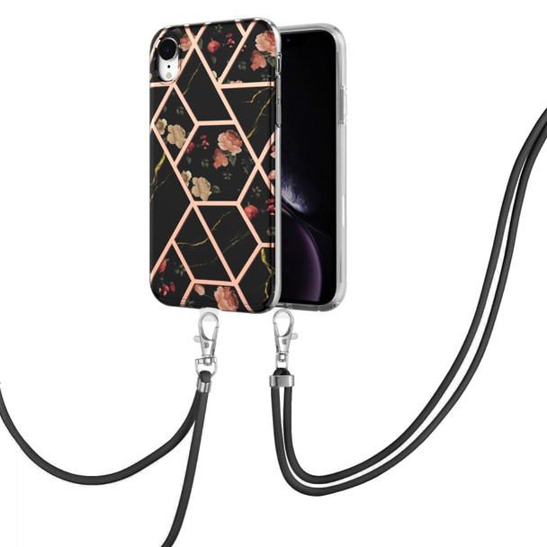 Electroplating Splicing Marble Flower Pattern TPU Shockproof Case with Lanyard - iPhone XR(Black Flower)