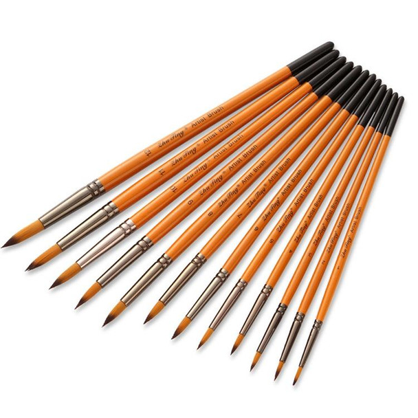 ZHU TING 12 PCS / Set Short Wooden Pole Nylon Hair Watercolor Hook Line Brush Nail Oil Painting Stroke Brush