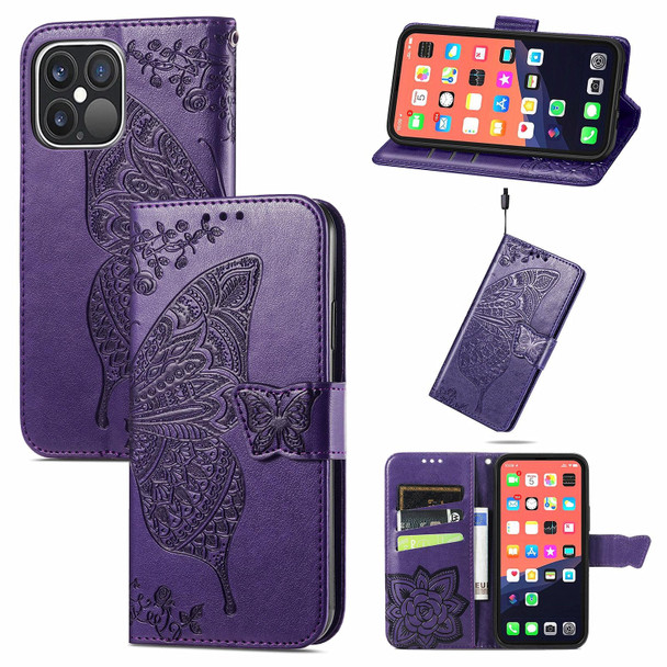 Butterfly Love Flower Embossed Horizontal Flip Leatherette Case with Bracket / Card Slot / Wallet / Lanyard - iPhone 13 Pro(Light Purple)