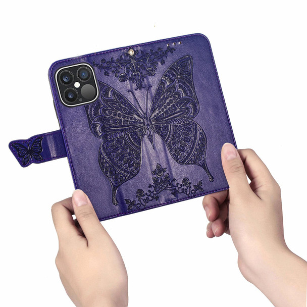 Butterfly Love Flower Embossed Horizontal Flip Leatherette Case with Bracket / Card Slot / Wallet / Lanyard - iPhone 13 Pro(Light Purple)