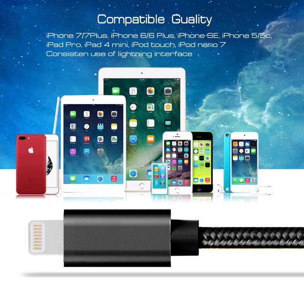 3m 3A Woven Style Metal Head 8 Pin to USB Data / Charger Cable,  - iPhone XR / iPhone XS MAX / iPhone X & XS / iPhone 8 & 8 Plus / iPhone 7 & 7 Plus / iPhone 6 & 6s & 6 Plus & 6s Plus / iPad(Black)