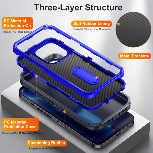 3 in 1 Rugged Holder Phone Case - iPhone 12 / 12 Pro(Dark Blue+Sapphire Blue)