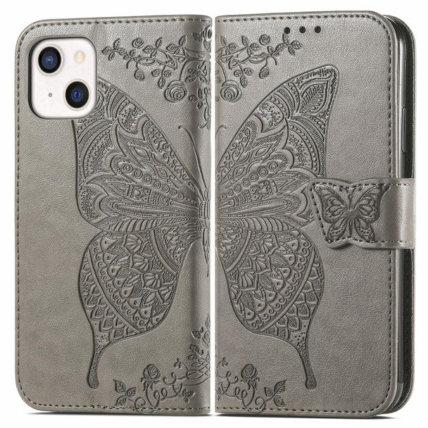 Butterfly Love Flower Embossed Horizontal Flip Leatherette Case with Bracket / Card Slot / Wallet / Lanyard - iPhone 13(Grey)