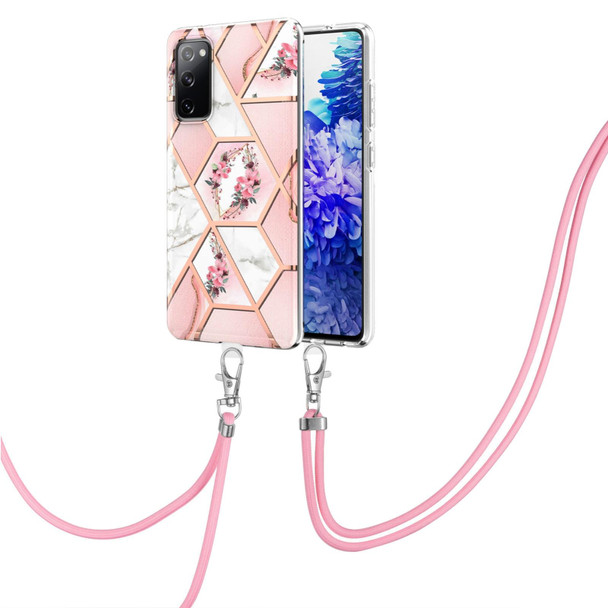 Samsung Galaxy S20 FE 5G / 4G Electroplating Splicing Marble Flower Pattern TPU Shockproof Case with Lanyard(Pink Flower)
