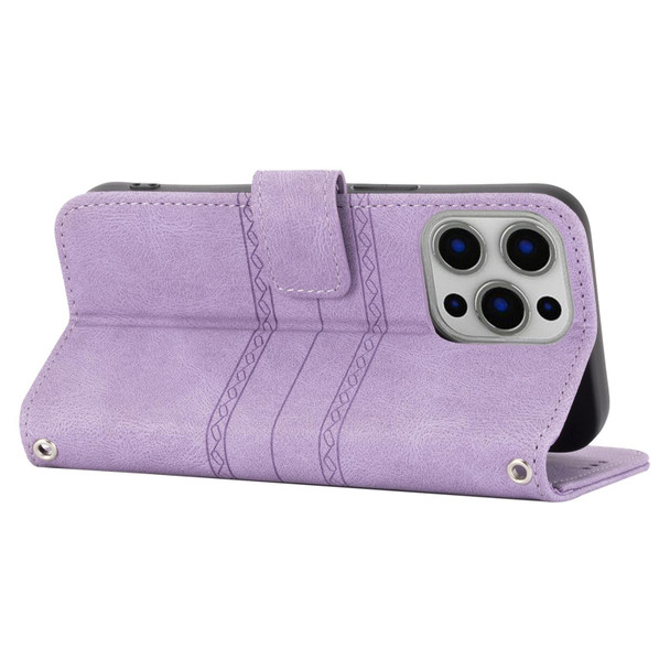 Embossed Striped Magnetic Buckle PU + TPU Horizontal Flip Leatherette Case with Holder & Card Slot & Wallet & Photo Frame & Sling - iPhone 13 Pro Max(Purple)