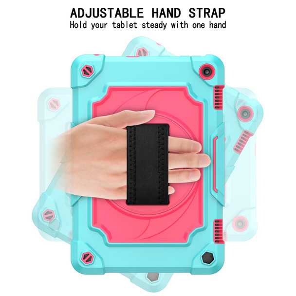 Amazon Kindle Fire HD 8 2020 360 Degree Rotation Turntable Contrast Color Robot Shockproof Silicone + PC Protective Case with Holder(Mint Green + Rose Red)