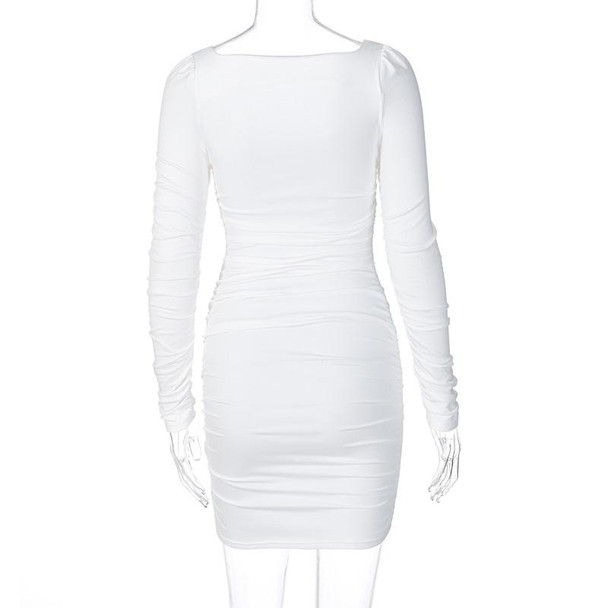 Pure Color Slim Slimming Pleated Hip Dress (Color:White Size:L)