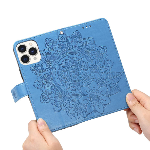 7-petal Flowers Embossing Pattern Horizontal Flip PU Leatherette Case with Holder & Card Slots & Wallet & Photo Frame - iPhone 13 Pro Max(Blue)