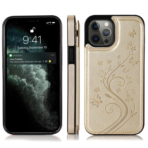 Butterflies Flowers Double Buckle PU + TPU Protective Case with Holder & Card Slots & Photo Frame - iPhone 12 / 12 Pro(Gold)