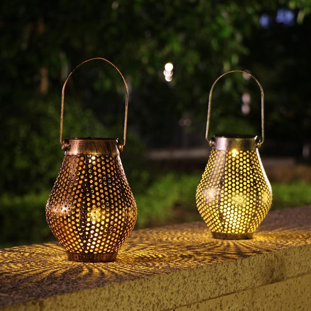 Outdoor Courtyard Wrought Iron LED Solar Portable Hollow Lantern(Copper)