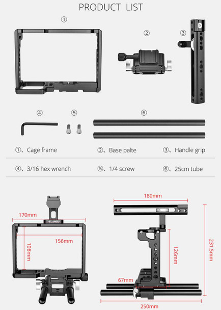 YELANGU C18 YLG0915A-C Video Camera Cage Stabilizer with Handle & Rail Rod Mount for Panasonic Lumix DC-S1H / DC-S1 / DC-S1R(Black)