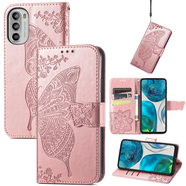 Motorola Moto G52 Butterfly Love Flower Embossed Flip Leather Phone Case(Rose Gold)