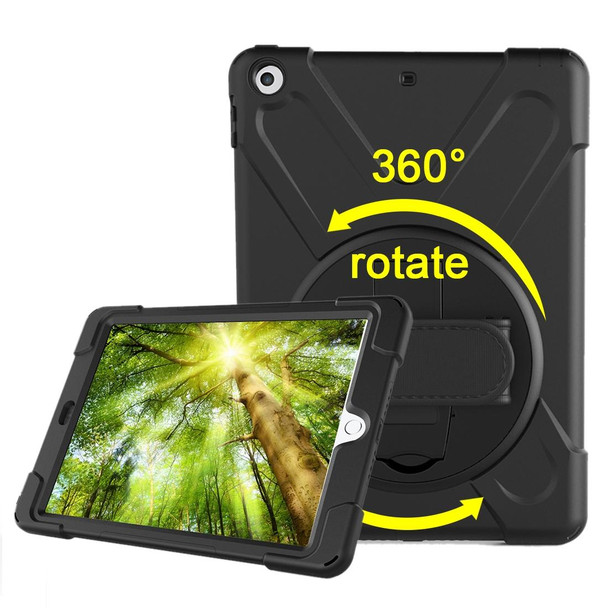 iPad 9.7 (2018) & iPad 9.7 (2017) 360 Degree Rotation PC + Silicone Protective Case with Holder & Hand-strap(Black)