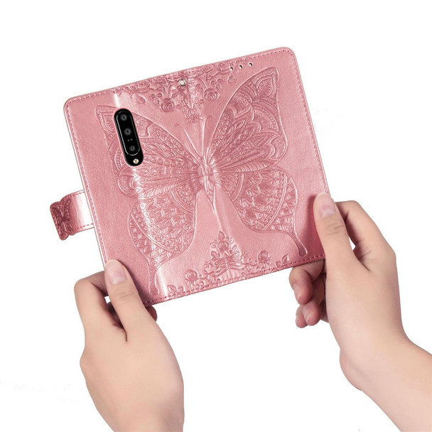 Butterfly Love Flowers Embossing Horizontal Flip Leatherette Case for OnePlus 7 Pro, with Holder & Card Slots & Wallet & Lanyard(Rose gold)