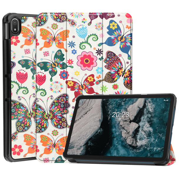 Nokia T20 Painted Leather Tablet Case with 3-Fold Holder(Color Butterfly)