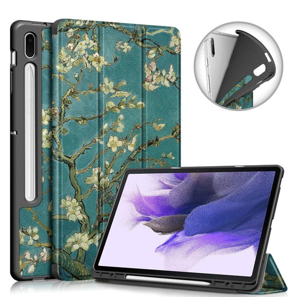 Samsung Galaxy Tab S7 FE 12.4 inch Painted TPU Horizontal Flip Tablet Leather Case with 3-Fold Holder & Sleep / Wake-up Function(Apricot Blossom)