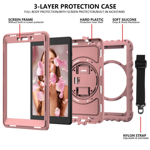 Samsung Galaxy Tab A 8.0 2019 T290 / T295 360 Degree Rotation PC + Silicone Shockproof Combination Case with Holder & Hand Grip Strap & Neck Strap(Rose Gold)