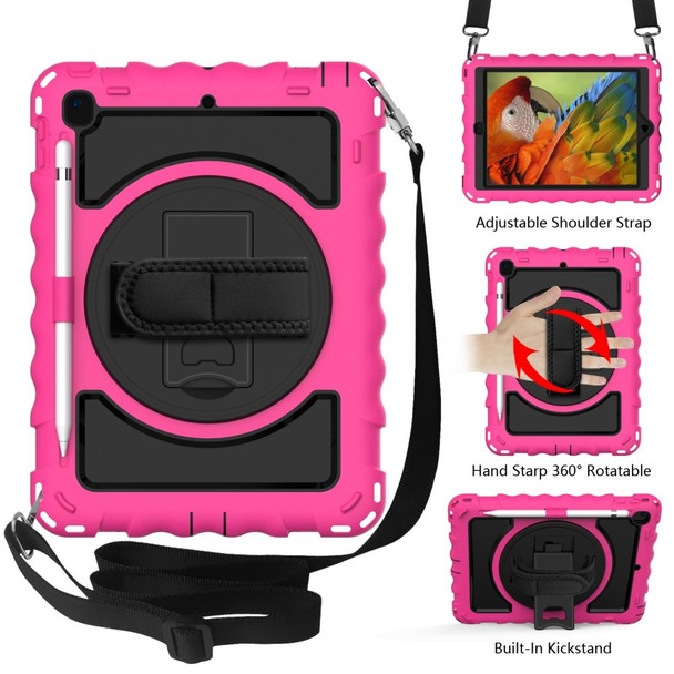 iPad 9.7 (2018) & (2017) 360 Degree Rotation PC + Silicone Shockproof Combination Case with Holder & Hand Grip Strap & Neck Strap(Hot Pink)