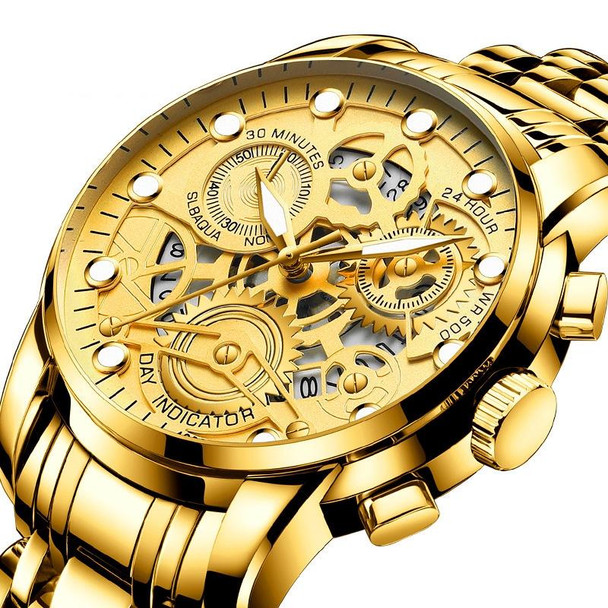 FNGEEN 4088 Men Hollow Quartz Watch Student Waterproof Luminous Watch(Brown Leatherette Full Gold Black Surface)