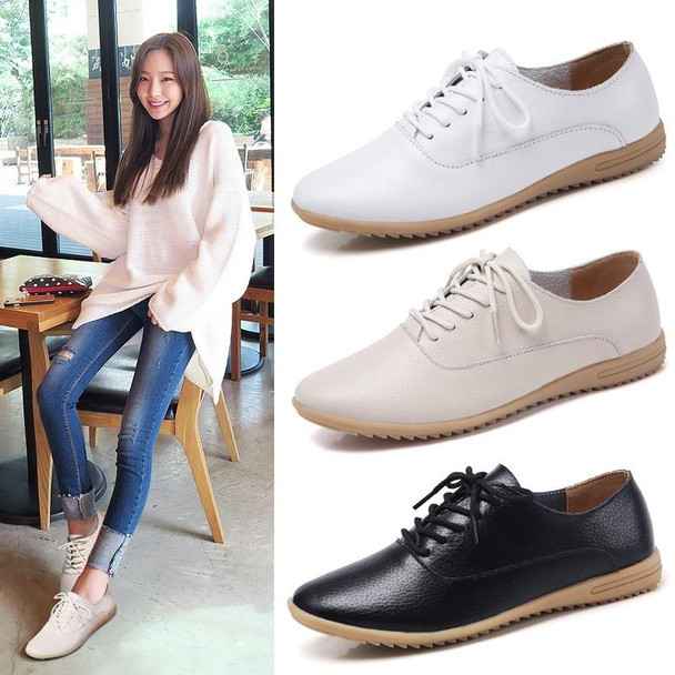 Flat Bottom Lightweight Fashion Casual Lace-up Leatherette Shoes for Woman (Color:Beige Size:39)