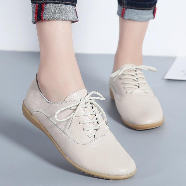 Flat Bottom Lightweight Fashion Casual Lace-up Leatherette Shoes for Woman (Color:Beige Size:37)