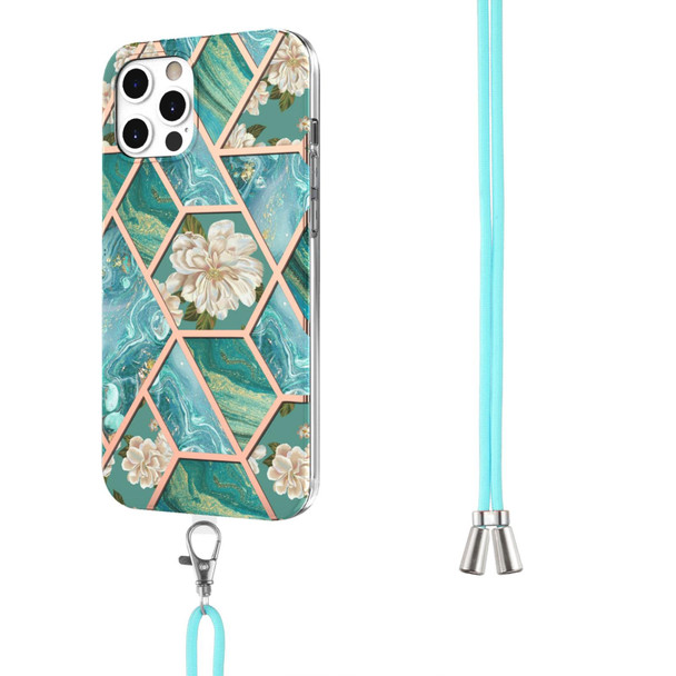 Electroplating Splicing Marble Flower Pattern TPU Shockproof Case with Lanyard - iPhone 12 Pro Max(Blue Flower)