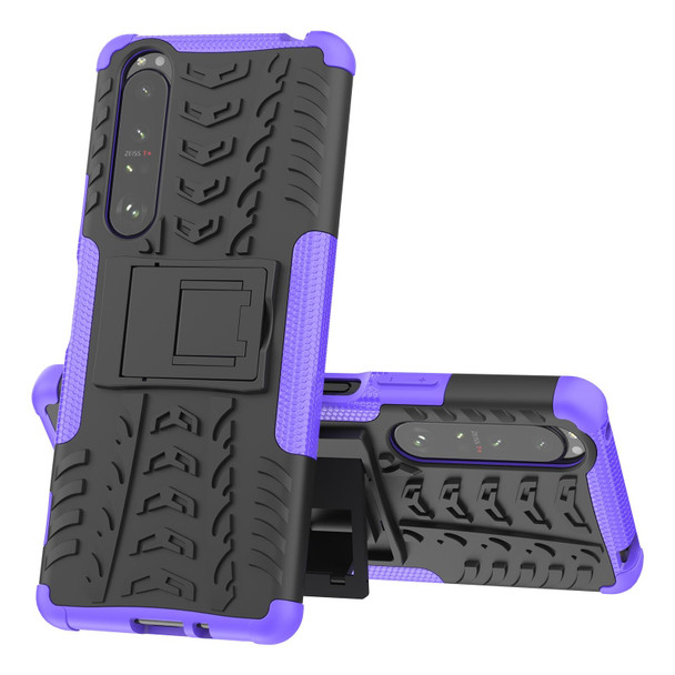 Sony Xperia 1 III Tire Texture Shockproof TPU+PC Protective Case with Holder(Purple)