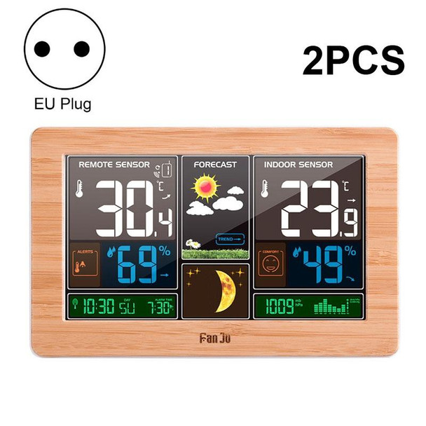 2 PCS FUJU Wood Grain Weather Station Digital Clock Alarm Thermometer Hygrometer(EU Plug Yellow)