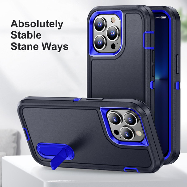 3 in 1 Rugged Holder Phone Case - iPhone 14 Pro Max (Dark Blue+Sapphire Blue)
