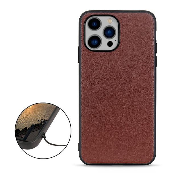 iPhone 14 Max Lambskin Texture Genuine Leather Phone Case (Brown)