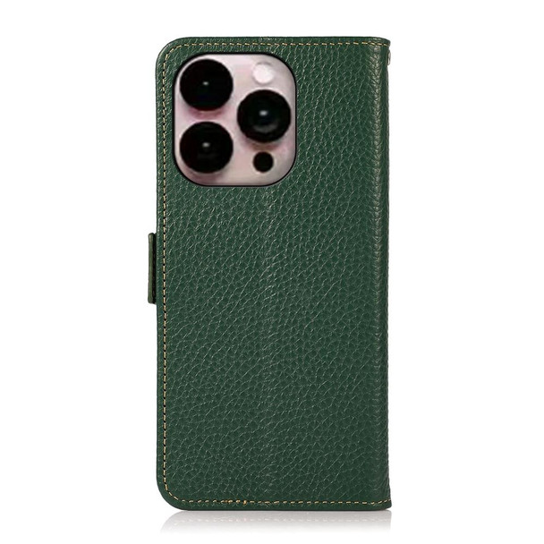 KHAZNEH Side-Magnetic Litchi Genuine Leather RFID Phone Case - iPhone 14 Pro Max (Green)