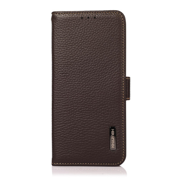 KHAZNEH Side-Magnetic Litchi Genuine Leather RFID Phone Case - iPhone 14 Pro Max (Brown)