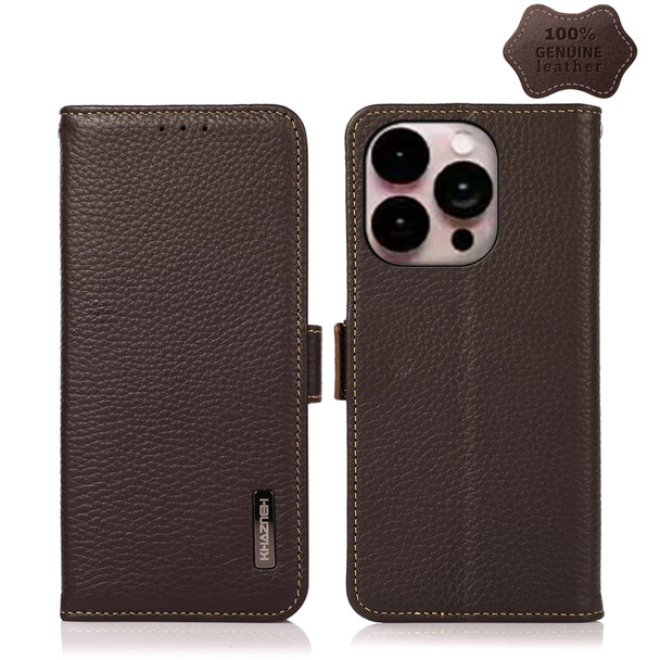 KHAZNEH Side-Magnetic Litchi Genuine Leather RFID Phone Case - iPhone 14 Pro Max (Brown)
