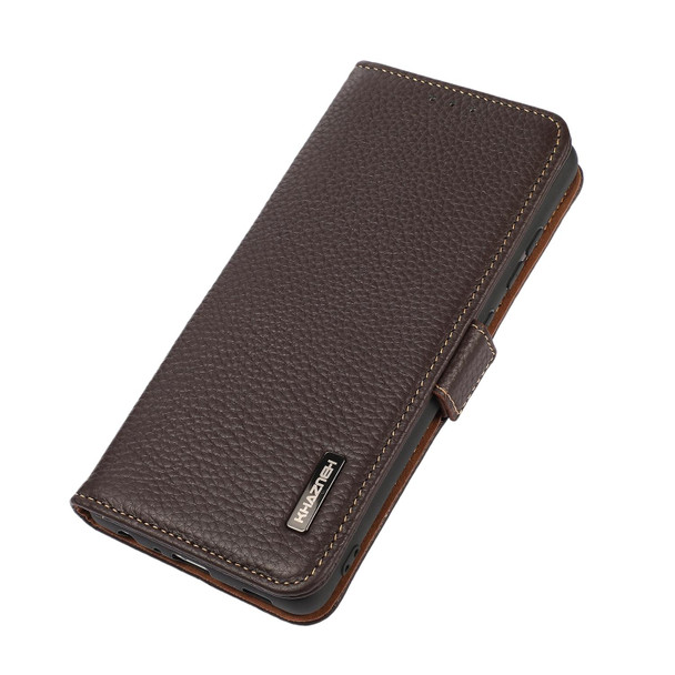 KHAZNEH Side-Magnetic Litchi Genuine Leather RFID Phone Case - iPhone 14 Max (Brown)