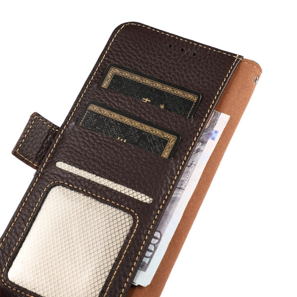 KHAZNEH Side-Magnetic Litchi Genuine Leather RFID Phone Case - iPhone 14 Max (Brown)