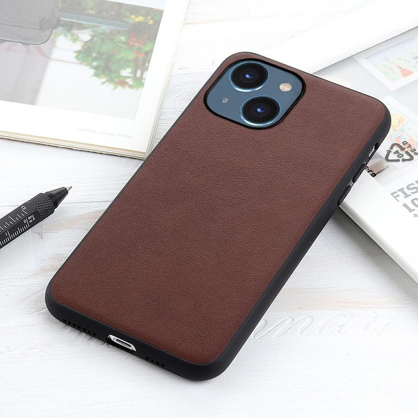 iPhone 14 Lambskin Texture Genuine Leather Phone Case (Brown)